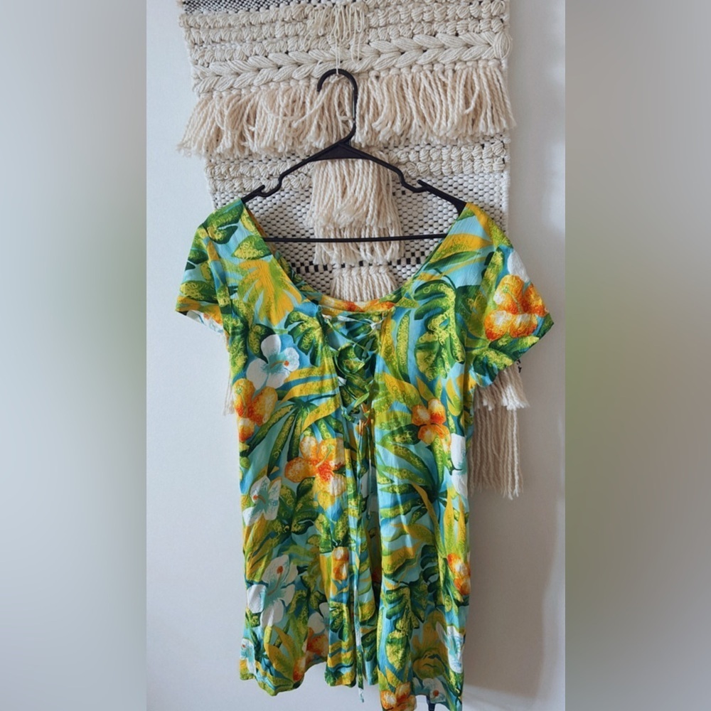 Jams World Floral Tropical Print Lace Up Back Hibiscus Print Dress Short Sleeve - Picture 2 of 3